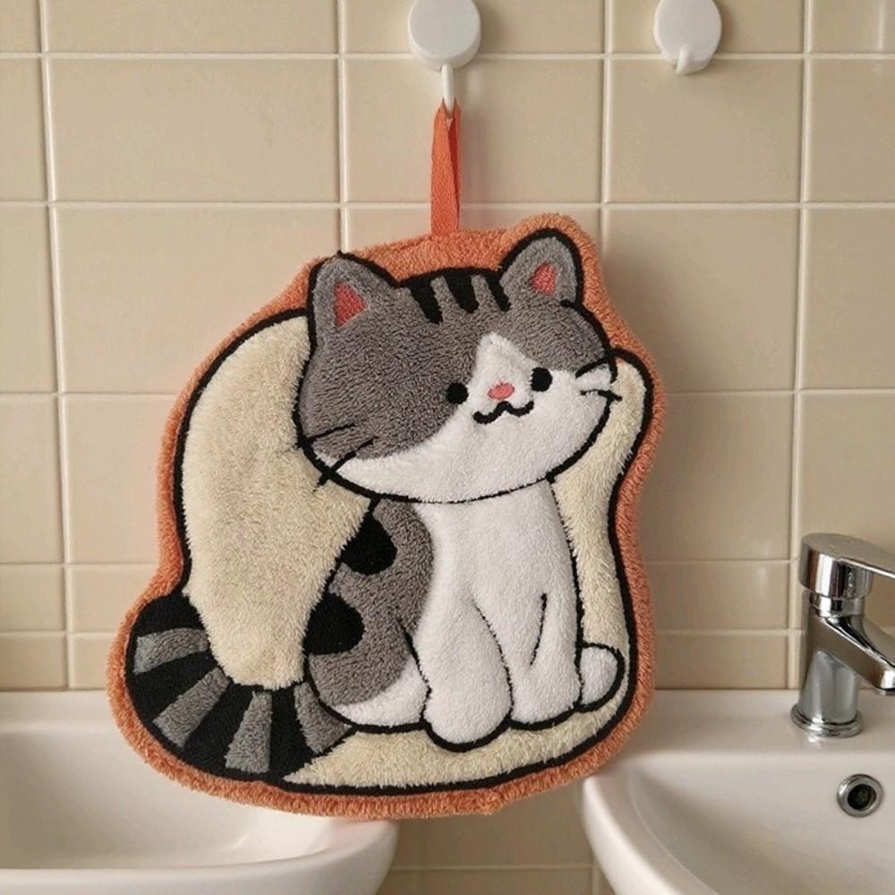 Cute Coral Fleece Cat Hand Towel Strong Water Absorption Thickened Bathroom Kerchief Soft Hanging Handkerchief Bathroom