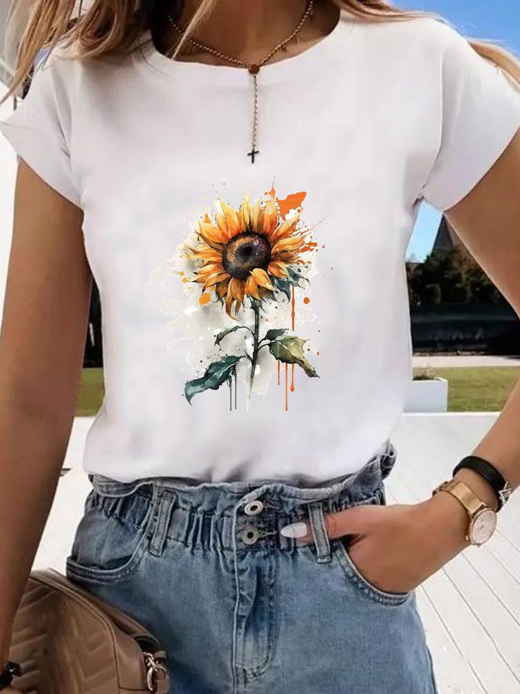 (Asian Size)  Sweet Flower Trend 90s Graphic Tee Fashion T Clothing Women's Top  Print Female Casual  Short Sleeve T-shirts