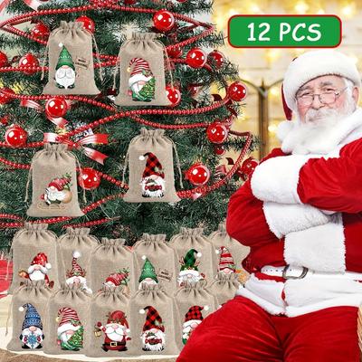 12 Stück Weihnachts-Jutesäckchen, Leinen-Kordelzugbeutel-Set für Weihnachtsfeier-Geschenke und Schmuckaufbewahrung. Geeignet für Weihnachtsfeier-Zubehör