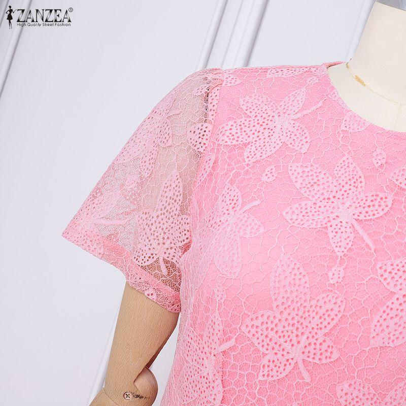 ZANZEA Women Casual Round Neck Short Sleeve Elegant Lace Long Dress