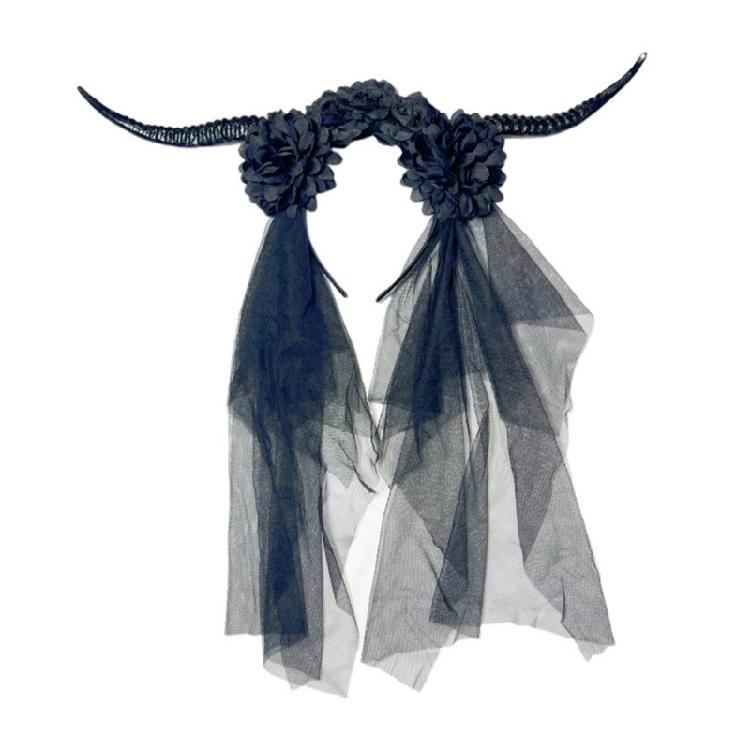 Halloween Hairhoop with Antelope Horn Dark Series Flower Headband with Veil Theme Party Headwear Festival Props Hairband