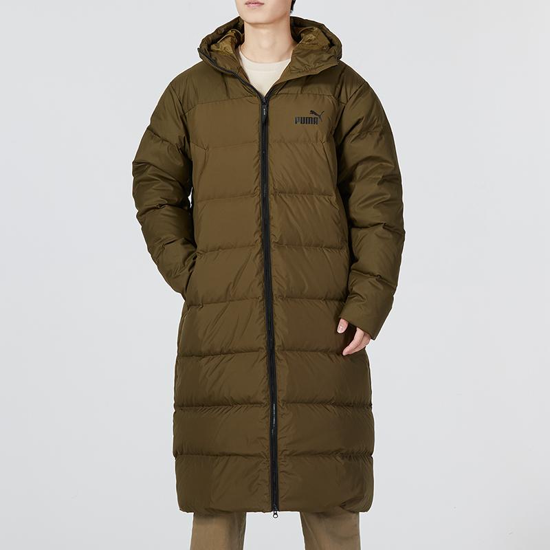 Puma Logo Print Stand Collar Long Hooded Down Jacket Men Outerwear Dark-Green 672435-62