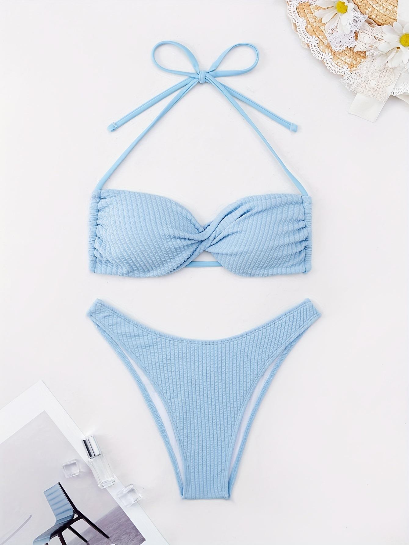 

Узкий шейный ремень сексуальный стальной лоток бикини раздельные бретели горячий источник купальник L небесно-голубой