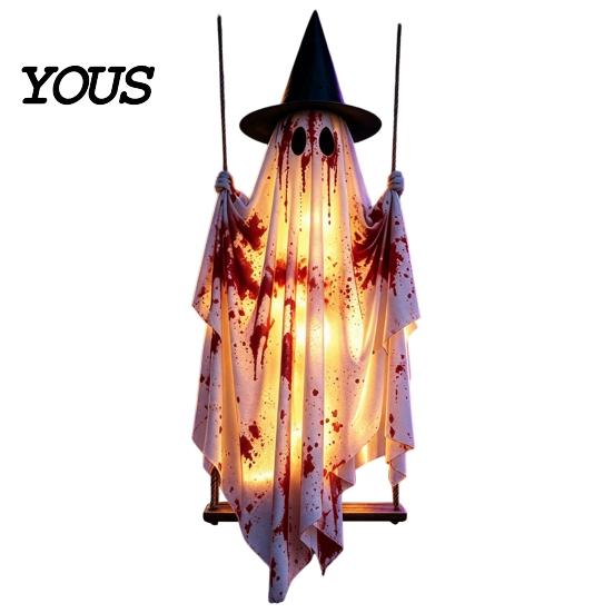 Charming Knitted Fabric Ghost Hanging Swing Halloween Decoration, Spooky Light Up Large Swinging Glowing Figure with Blood for Porch Yard Tree Holiday