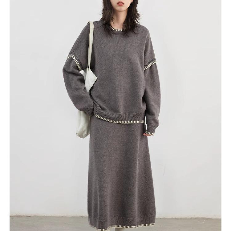 "Free To Go" Winter Lazy Round Neck Contrast Edge Sweater & Skirt Set