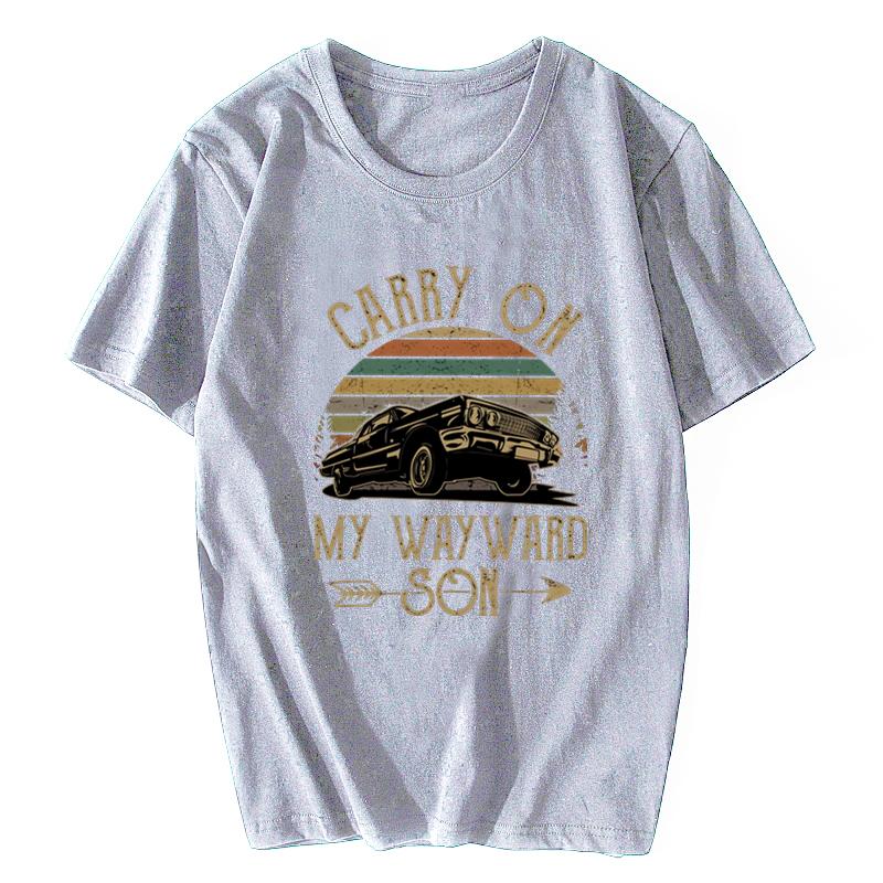 T-shirt Surnaturel Vintage Homme Carry On My Wayward Son Gris Foncé T-shirt Unique Coton T-shirt Streetwear