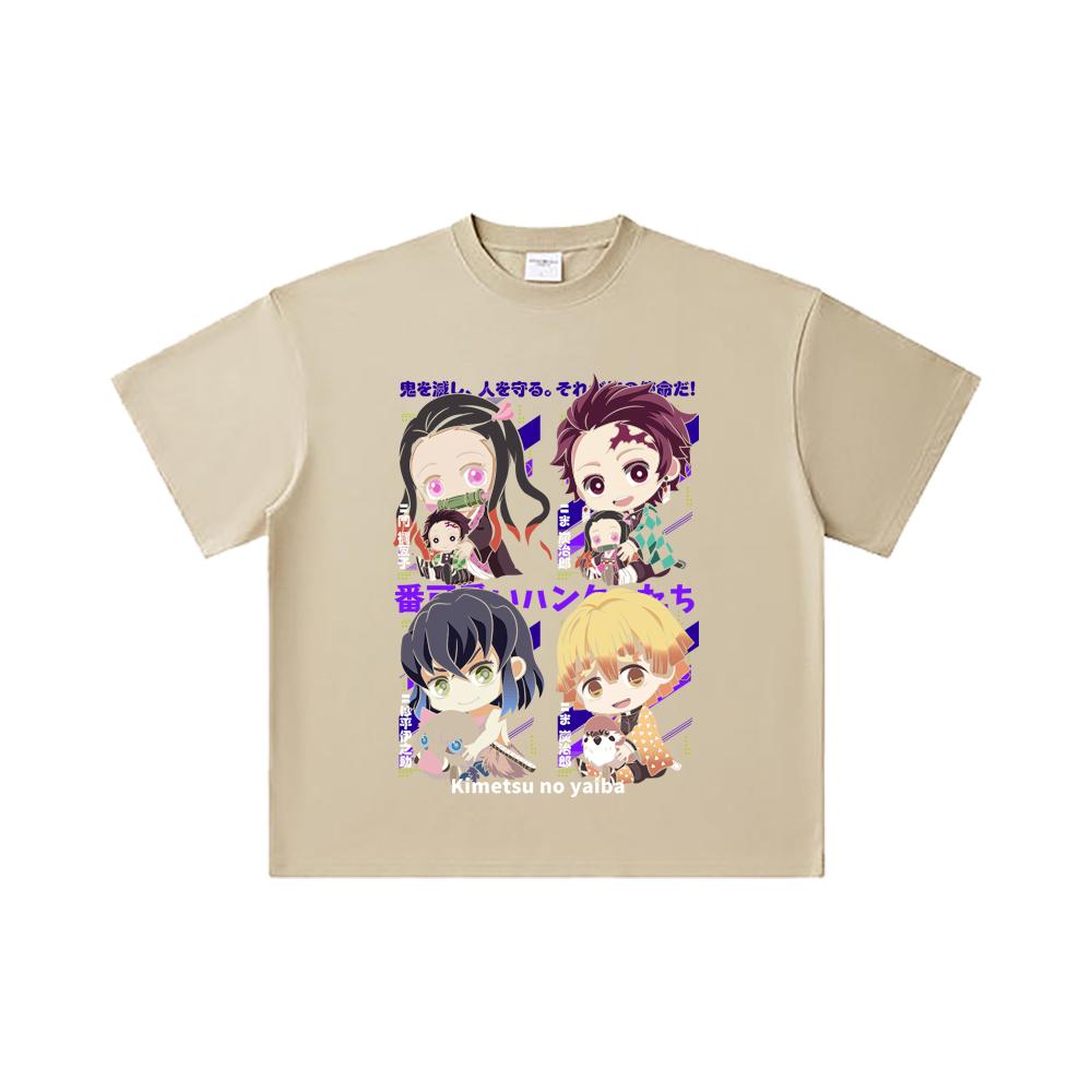 Camiseta Unissex de Algodão Pesado 260 GSM Fio Duplo 32 Contagem 100% Algodão Demon Slayer V80 Hashiras Estampa Chibi