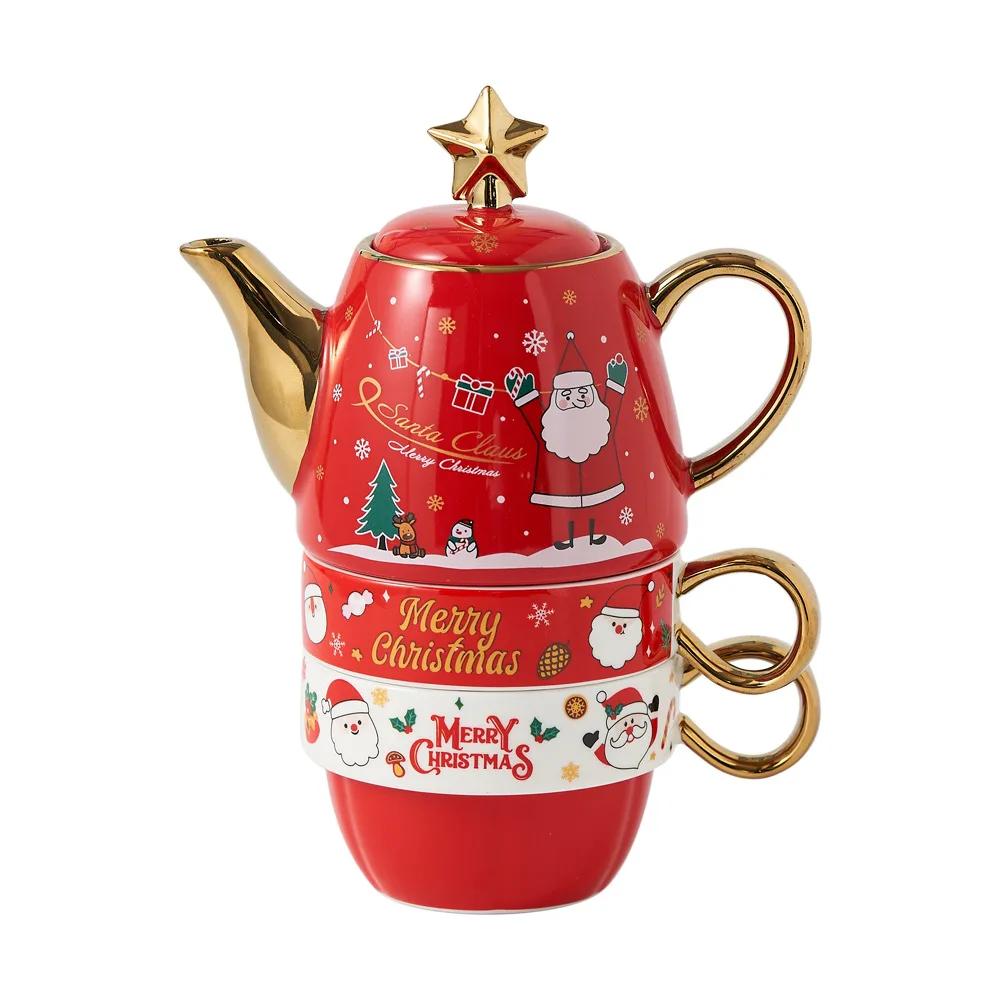 Gold plated tea set ins Christmas ceramic teapot, one pot, two cups