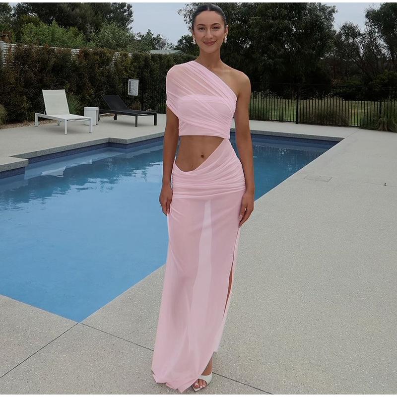 

Женское сексуальное прозрачное облегающее платье-макси с рюшами и сеткой на одно плечо без бретелек с вырезом на спине для отдыха на пляже длинные платья M розовый