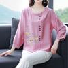 Spring Summer New Women Fashion Casual Office 3/4 Sleeve Embroidery Cotton Linen Big Plus Size Top T-Shirt L-5XL