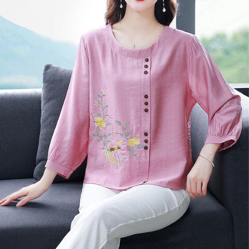 Spring Summer New Women Fashion Casual Office 3/4 Sleeve Embroidery Cotton Linen Big Plus Size Top T-Shirt L-5XL