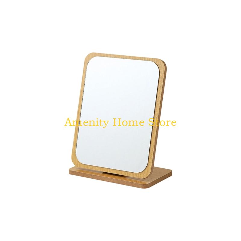 F26C Elegant Desk Makeup Mirror Cosmetic Mirror with Wooden Stand Vanity Mirror Rotatable Makeup Mirror Dormitory Room Decors
