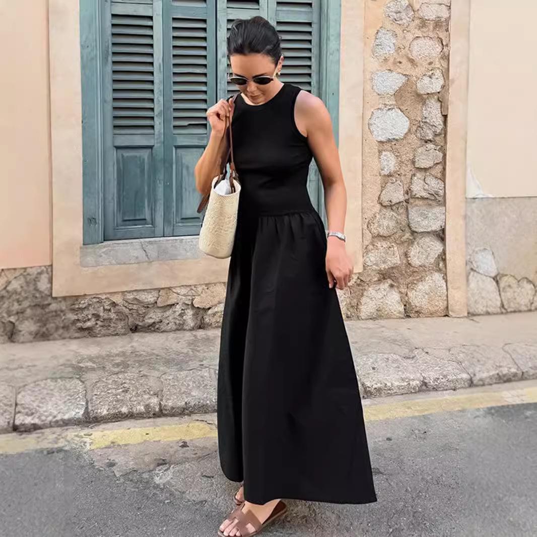 

Elegant Black Retro Knit Waist-Cinching Sleeveless Dress Medium чёрный