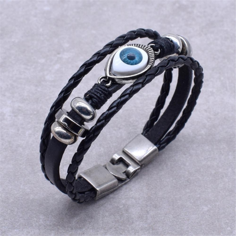 Hot Sale Black & Brown 20.5cm Hand made Leather Bracelet Men Women Evil Eye Bracelet Fashion Vintage Beads Jewelry