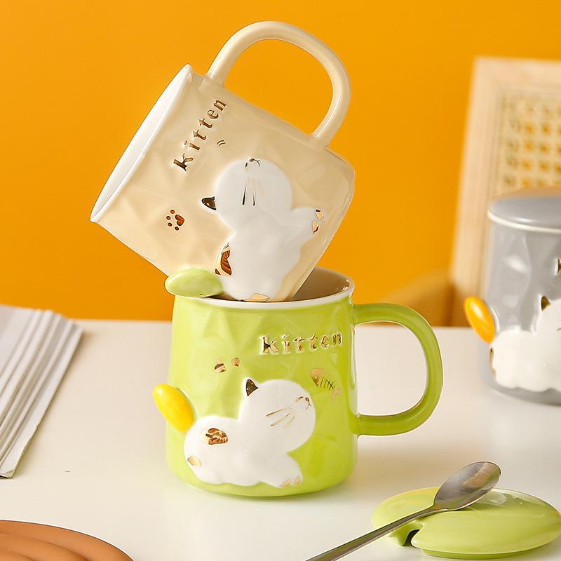 Cartoon Cute Relief Cat with Lid Spoon Ceramic Cup Gift Set Mug Creative Personality Water Cup Girls