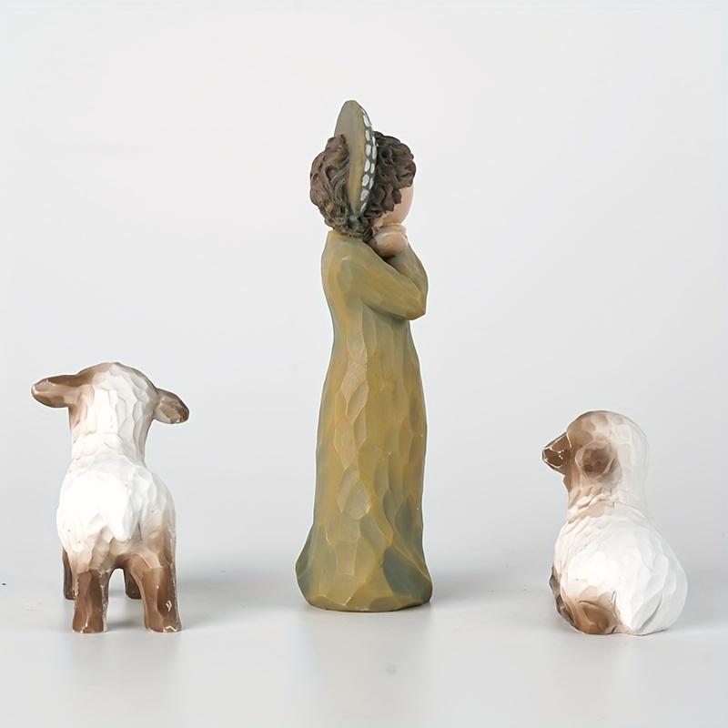 3pcs/set Shepherdess Decoration, Mini Carved Hand Painted Nativity Figure For Christmas Decoration, Resin Shepherdess