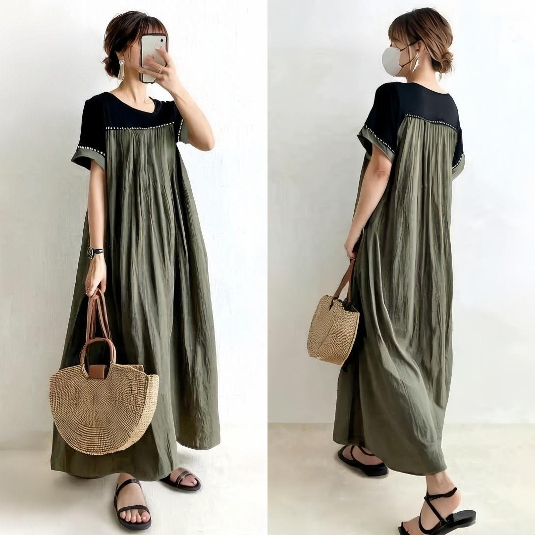 

2026 Summer Korean-Japanese Fashion V-neck Color Block Loose Dress - 3 Colors Medium зелений