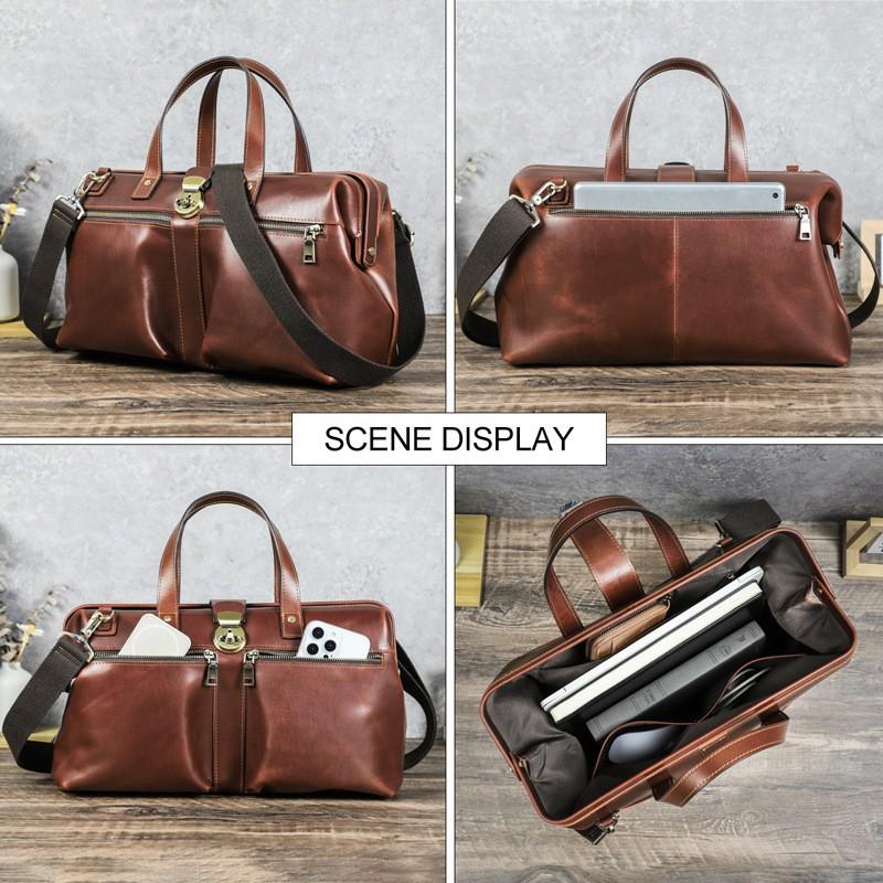 14.2-inch Business Computer Bag With Iron Dumpling Lock Retro Genuine Leather Handheld Diagonal Span Briefcase
