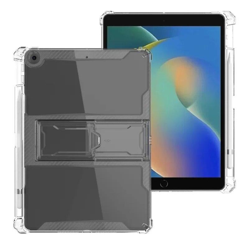 Transparente TPU-Rückseite mit Ständer für iPad 10.2 2021 2020 2019 (iPad 9. 8. 7. Generation) Stifthalter-Hülle 4 Stoßfeste Airbags