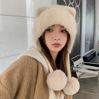Women's Hats for Women In Winter Knitted Versatile Plus Velvet Thickened Cycling Ladies' Winter Riding Ear Protection Bear Warm Wool Hat for Women