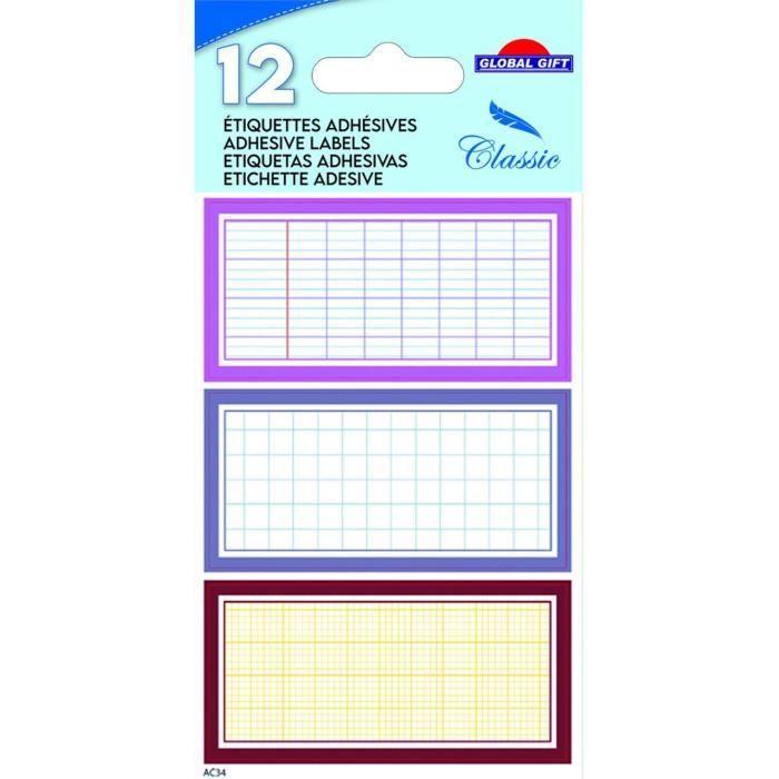 Étiquettes adhésives scolaires - Global Gift - Quadrillé rose - 12 étiquettes - Multi-usages - Personnalisables