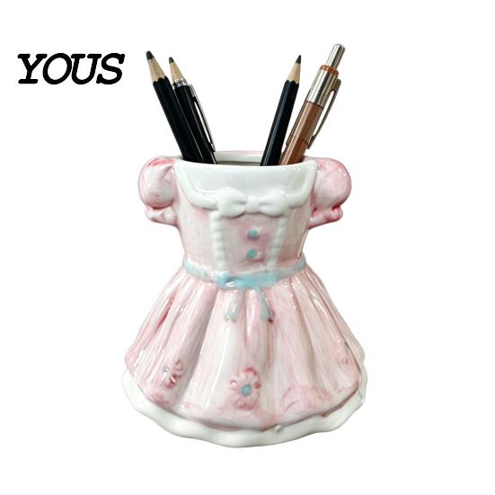Desk Organizer Bow Dress Pencil Cup, Ceramic Organizer, Cute Makeup Stationery Brush Holder for Girls Room, Office Gift Women