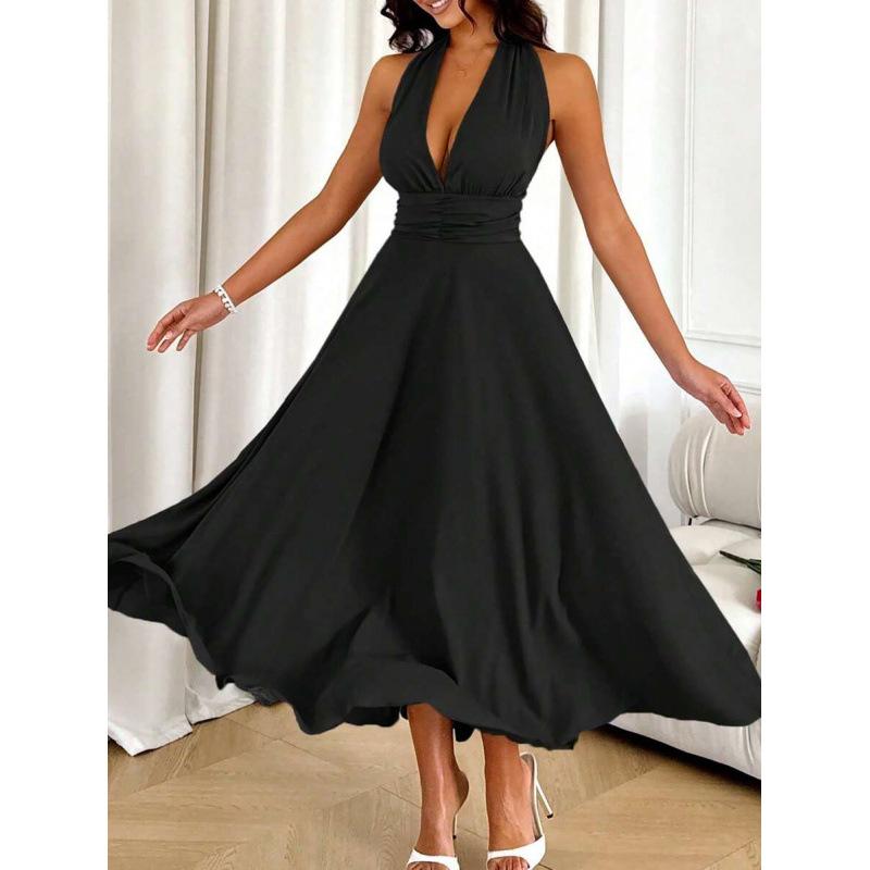 European summer new elegant temperament vest suspender long neck sleeveless dress women S чёрный