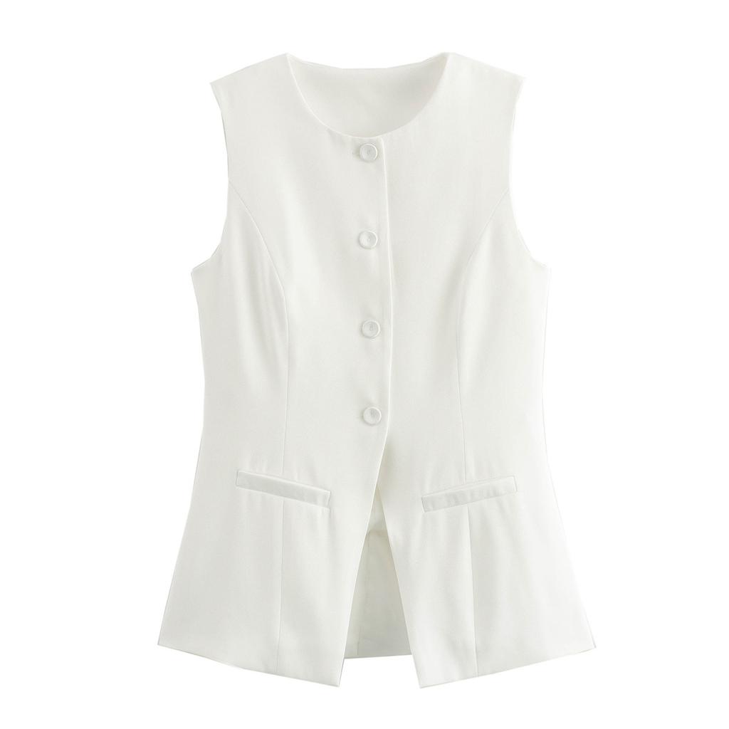 Women 's Button Down Waistcoat Vest Sleeveless Round Neck Solid Color Slim Fit Tops Dressy Suit Vest