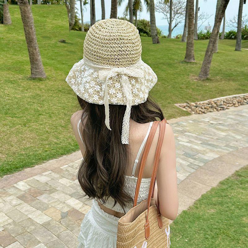 Mori seaside travel lace daisy floral straw hat summer women's gentle mesh breathable sunscreen big brim sun hat