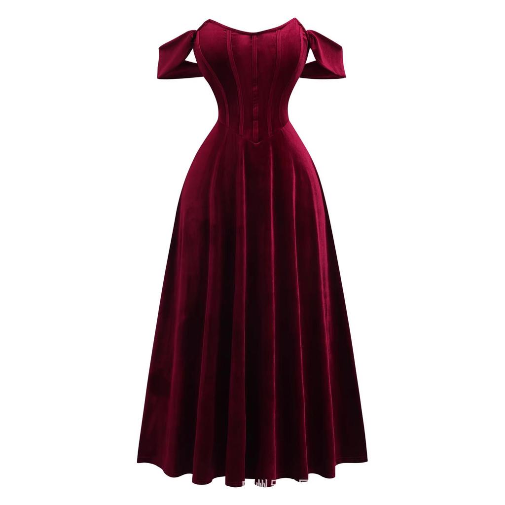 European-American Red Fishbone Retro Corset Dress for New Year's & Valentine's