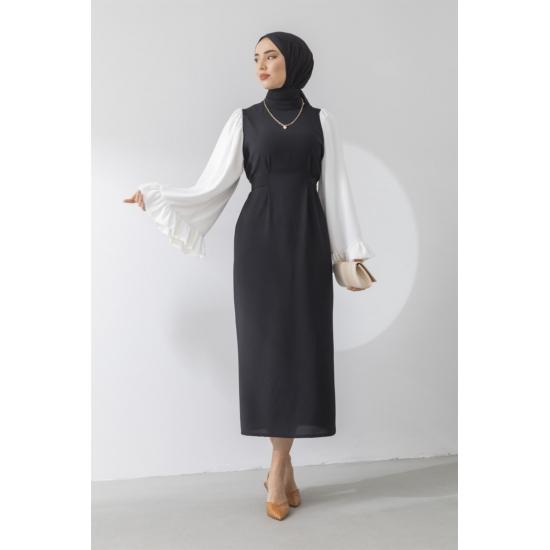 Robe noire à volants à manches lâches pour femmes