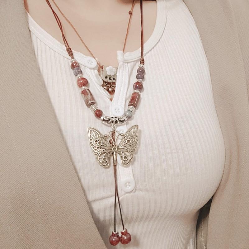 Concubine Butterfly Ethnic Style Ceramic Long Sweater Chain Female Antique Pendant Retro Chinese Style Butterfly Necklace