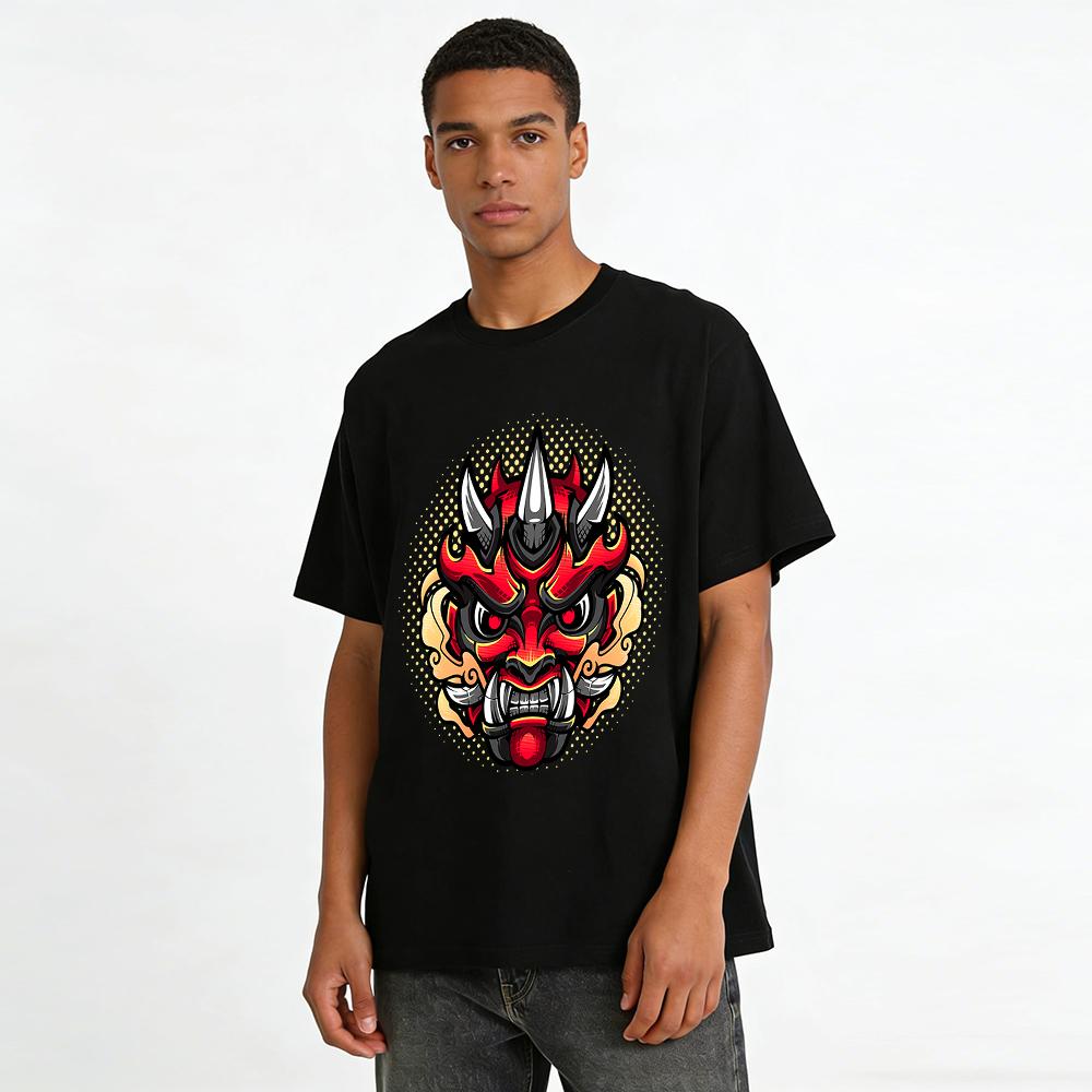 Japanese Red Hannya Mask Print T-shirt Dark Retro Wind Top Pure Cotton T-shirt