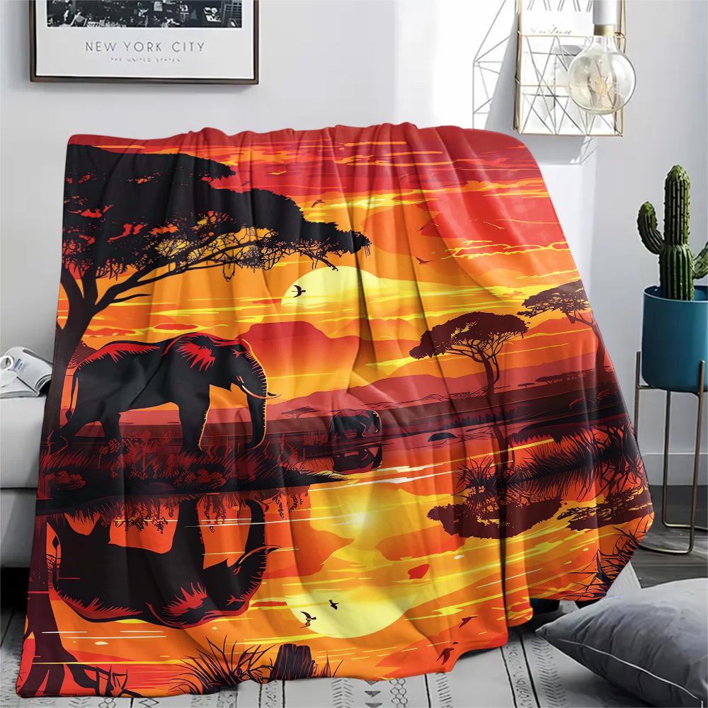 1Pc Africa Elephant Print Flannel Blanket, High Quality Comfortable for All Seasons, Home Decor, Warmth and Comfort, Perfect for Christmas Gifts