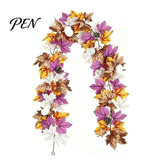 Realistic Orange Red Maple Leaves Artificial Fall Leaf Wreath, Autumn Vine with Pine Cones Pumpkins, Reusable Holiday Gifts for Family Hanging