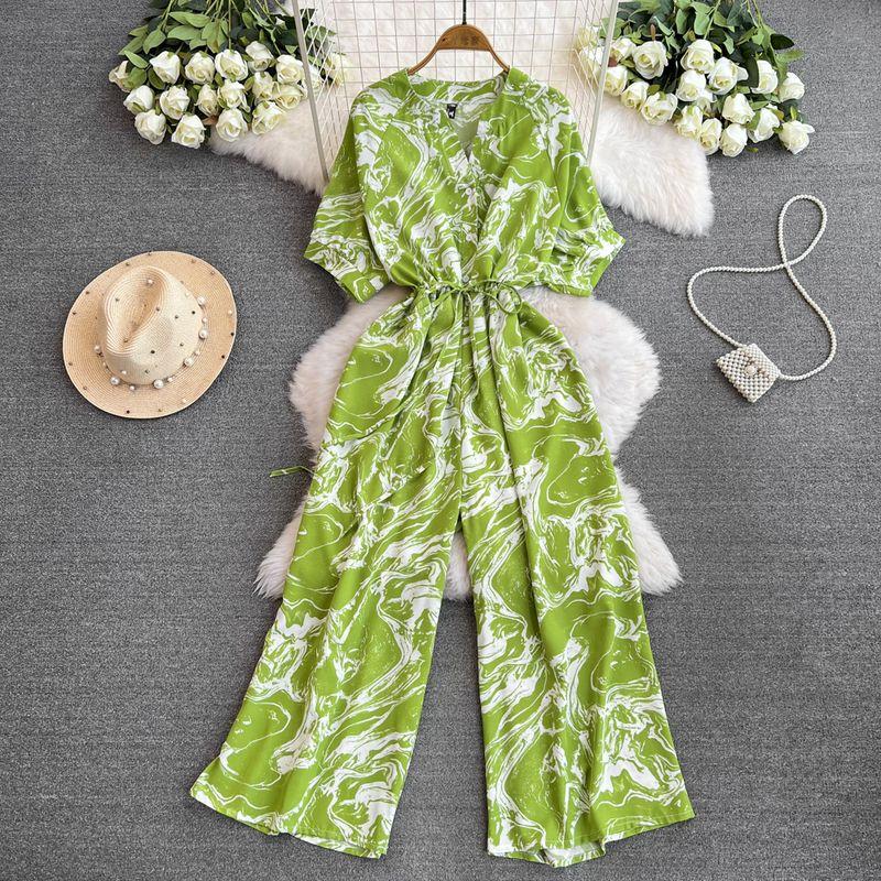 

Gentle Bubble V Neck High Waist Print Straight-leg Short Sleeve Green Print All yards