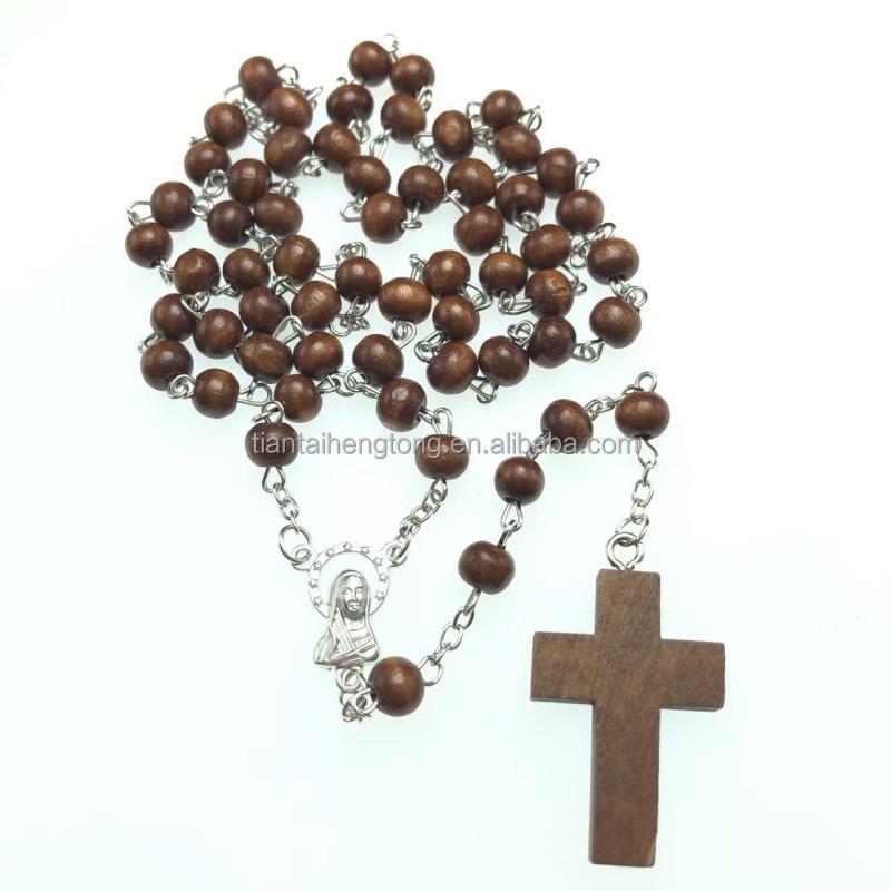 Cheap 6*7mm Dark Brown Rosary Virgin Mary Rosaries Wooden Beads Religious Catholic Necklace Blank Cross Pendant in Stock