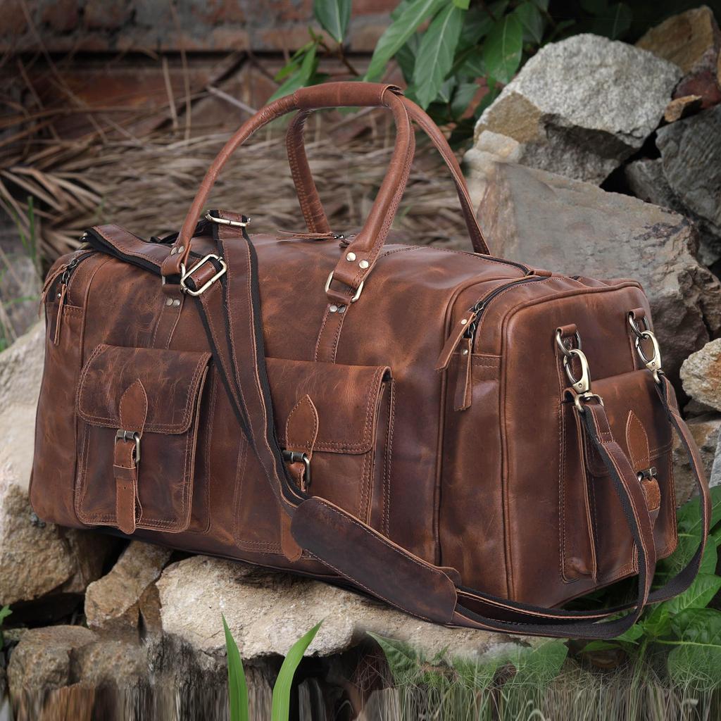 Handmade Top Grain Leather Duffle Bag: 24-inch Weekender Travel Bag