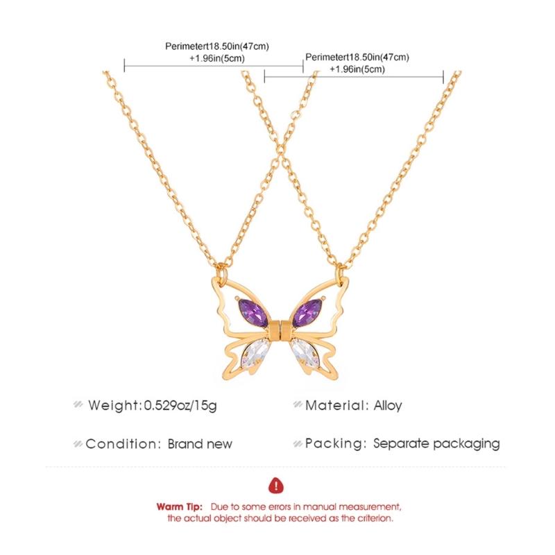 2Pcs Alloy Hollow Butterflies Pendant Necklace European American Zircon Inlay Friendship Couple Necklaces for Gift
