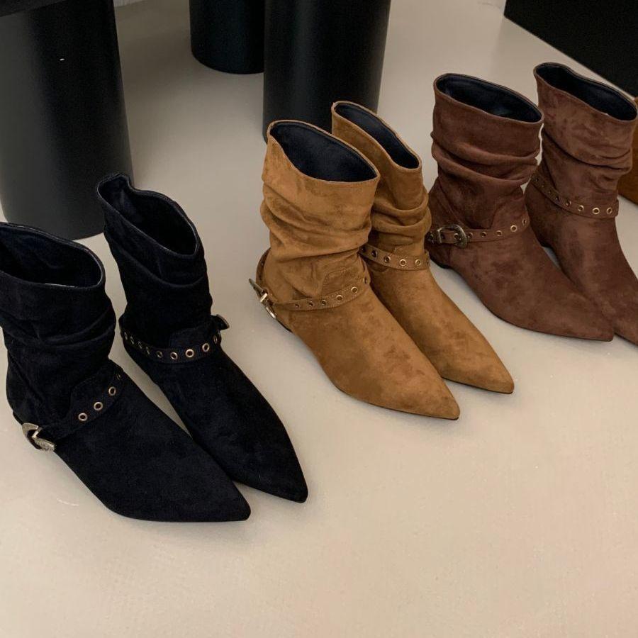 2025 New Pointed Rivet High Heel Short Boots Versatile Medium Tube Bare Boots Suede Western Cowboy Boots Fashion Short Boots Women