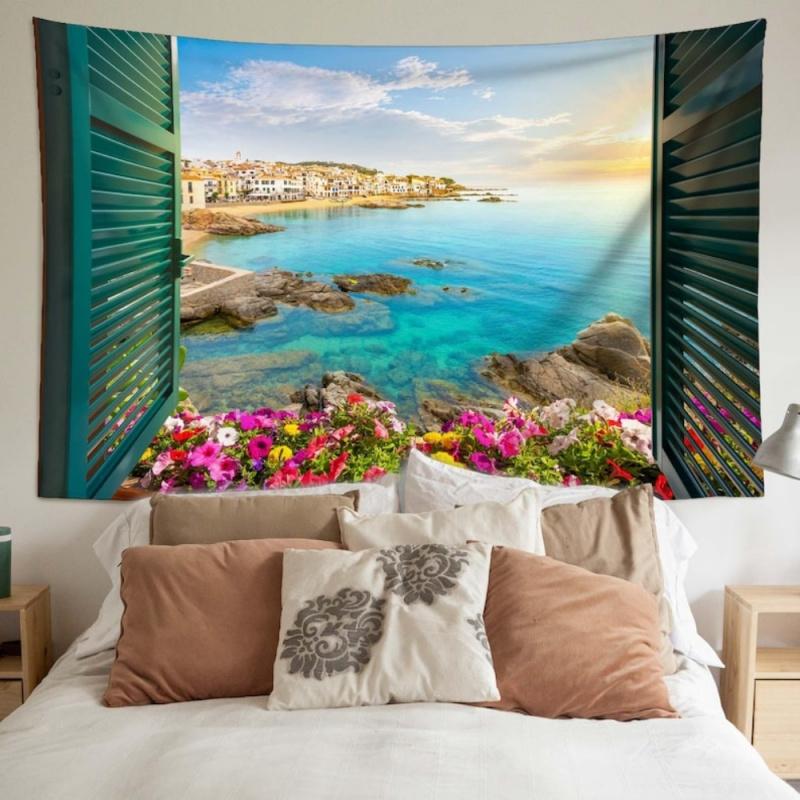 Beach Bay Landscape Window Natural Landscape Tapestry Photography Background Decoration Polyester Wall Hanging Home Decoration