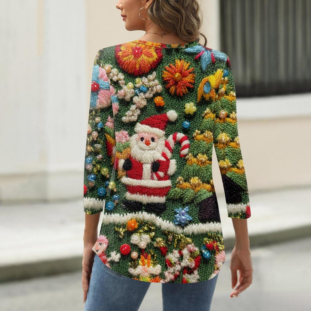 Women's Fashionable Casual Three Quarter Sleeve Christmas Printed Round Neck Top