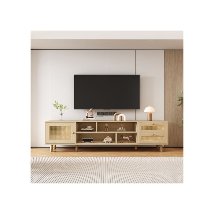 Meuble TV Premium 160 Cm En Rotin Pour TV 70 » - Gestion Des Câbles, 2 Tiroirs, 1 Porte