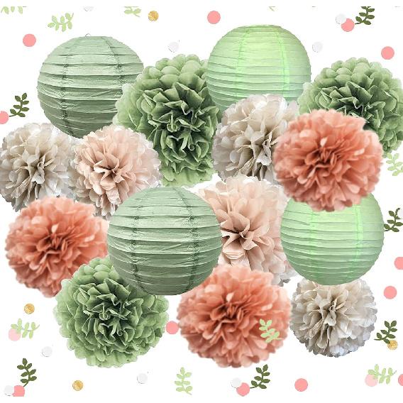 Mint Sage Green Party Decorations - Hanging Decors for Baby Bridal Wedding Shower Birthday Background with Paper Lanterns and Tissue Pom poms Gold