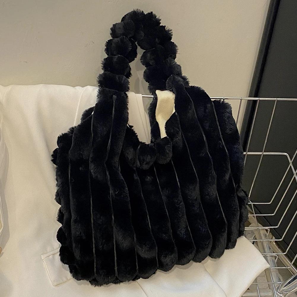 Women Plush Tote Handbag Large Capacity Soft Satchel Bag Versatile Fashion Casual Shopping Tote Bag чёрный