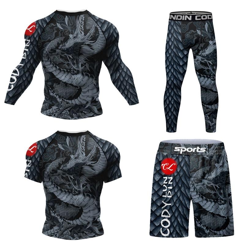 Completo Atletico Uomo Asciugatura Rapida a Compressione con Stampa Digitale - Set Sportivo 4 Pezzi Palestra Corsa Allenamento all'Aperto