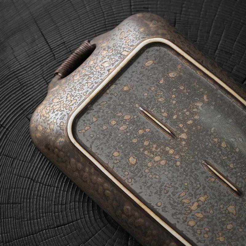 Handmade Gilt Glaze Rectangular Tea Tray Vintage Handle Tea Board Household Dishes for Serving Tableware Supplies Decoration