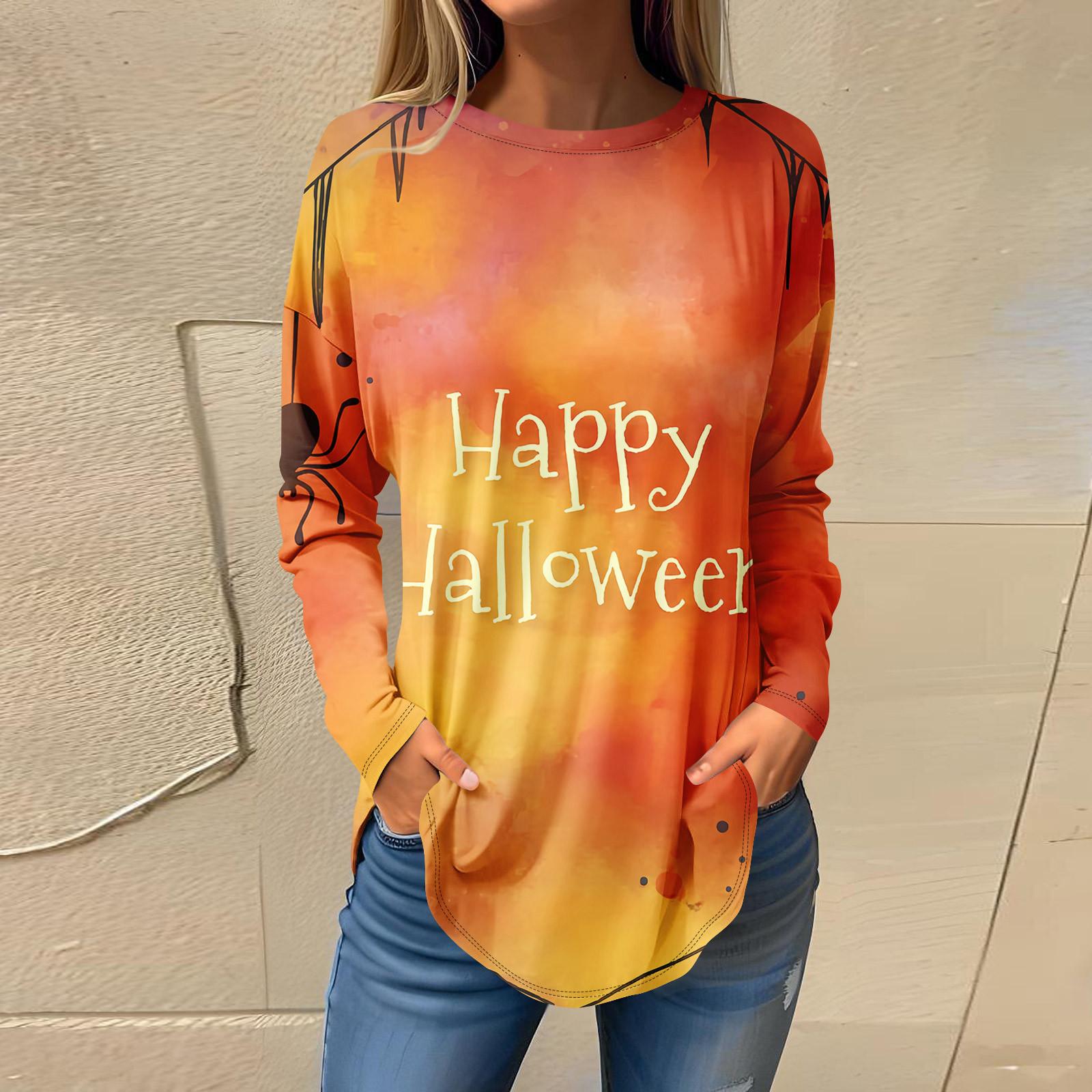 

Футболки для женщин, осенние повседневные рубашки с длинным рукавом, толстовка с принтом на Хэллоуин, топ, пуловер L