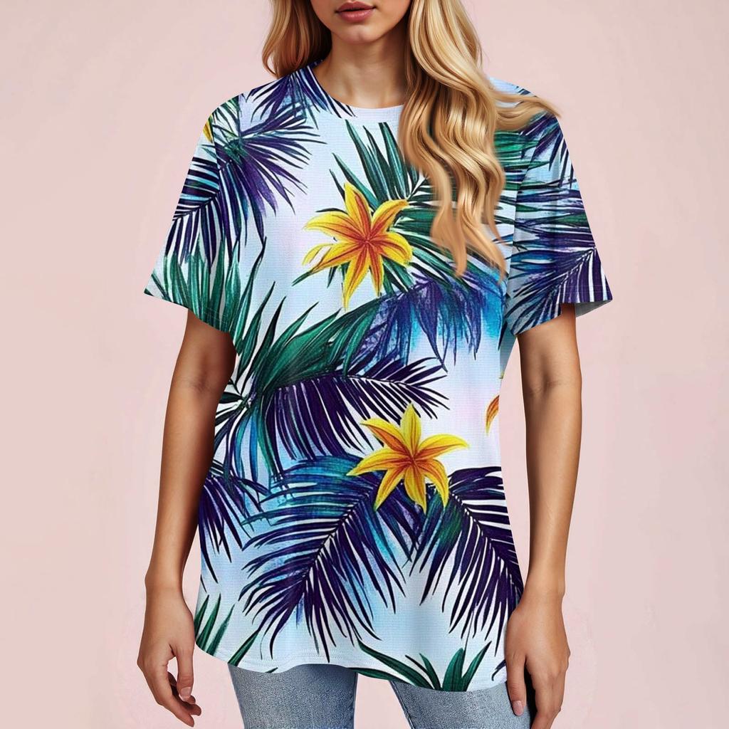 Damski modny, swobodny, krótki rękaw, nadruk, okrągły dekolt, bluzka typu pullover