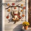 Autumn Theme Door Decorations Cat Metal Wall Decor, Fall Tin Sign Plaque, Swing Indoor Outdoor Art Decoration for Thanksgiving Harvest Festival,